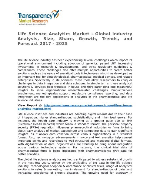 Life Science Analytics Market - Global Industry Analysis, Size, Share, Growth, Trends, and Forecast 2017 - 2025