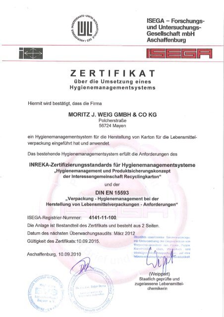HACCP-Zertifikat (inkl.BRC) der ISEGA - weig karton