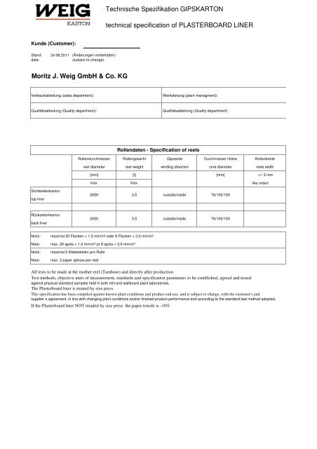 technical specification of PLASTERBOARD - weig karton