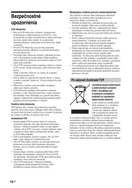 Sony KDL-26S2000 - KDL-26S2000 Mode d'emploi Slovaque