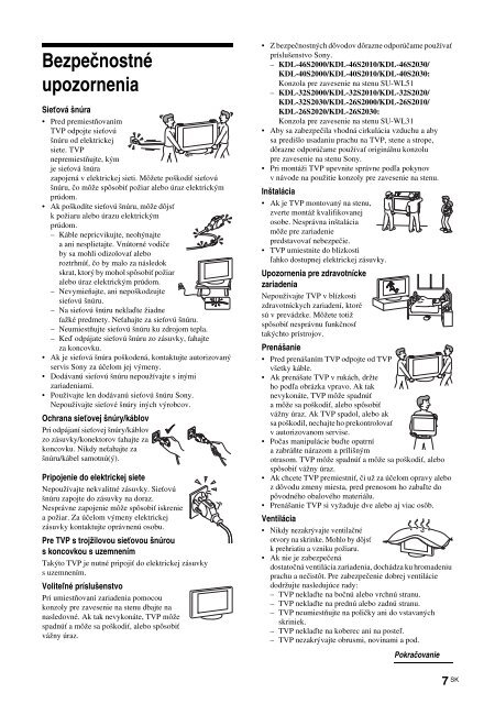 Sony KDL-26S2000 - KDL-26S2000 Mode d'emploi Slovaque