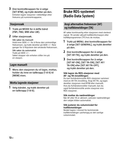 Sony DSX-A500BD - DSX-A500BD Consignes d&rsquo;utilisation Norv&eacute;gien