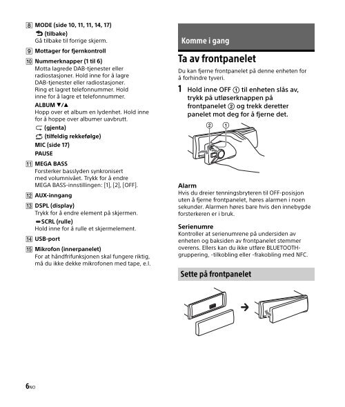 Sony DSX-A500BD - DSX-A500BD Consignes d&rsquo;utilisation Norv&eacute;gien