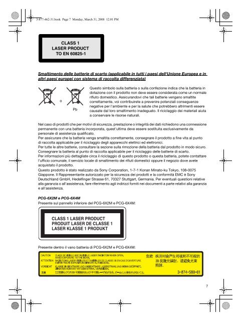 Sony VGX-TP3Z - VGX-TP3Z Documents de garantie Italien