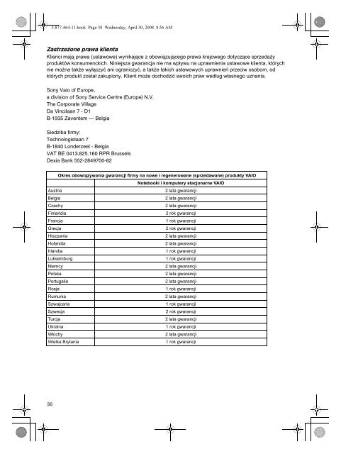 Sony VGX-TP3Z - VGX-TP3Z Documents de garantie Polonais