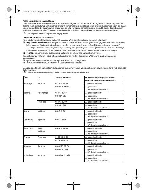 Sony VGX-TP3Z - VGX-TP3Z Documents de garantie Turc