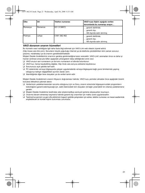 Sony VGX-TP3Z - VGX-TP3Z Documents de garantie Turc