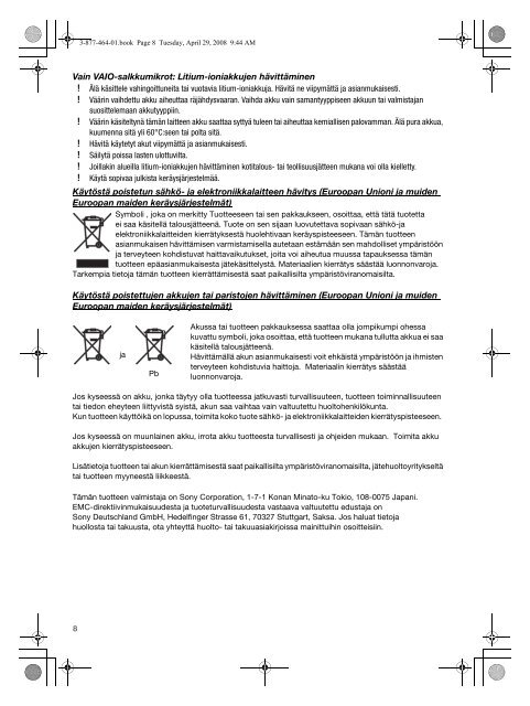 Sony VGX-TP3Z - VGX-TP3Z Documents de garantie Finlandais