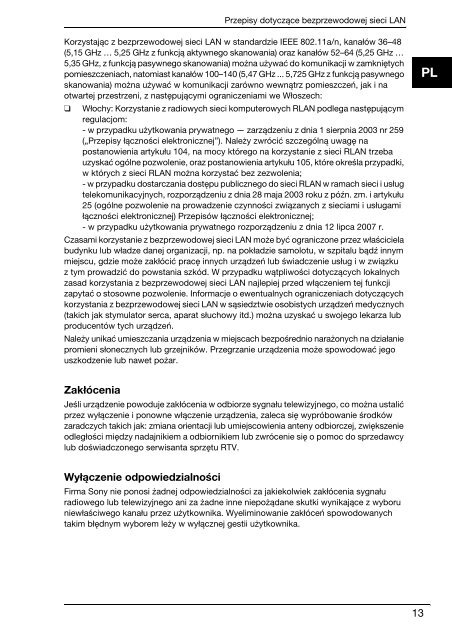 Sony VPCS11M1E - VPCS11M1E Documents de garantie Polonais
