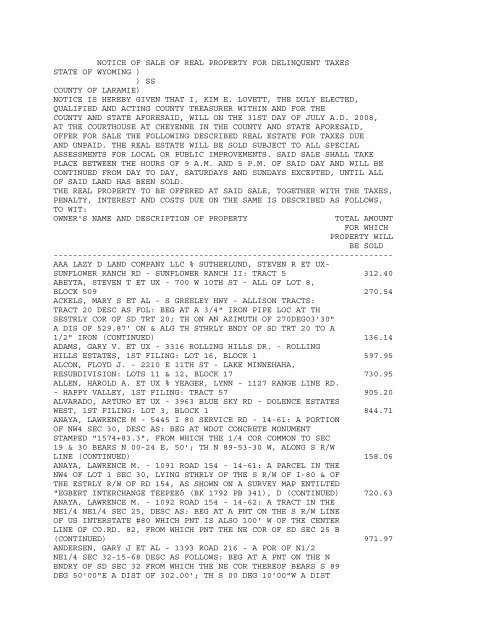 Notice of sale of real property for delinquent - Laramie County