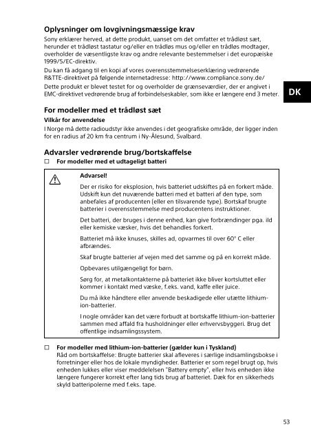 Sony SVS1512V1E - SVS1512V1E Documents de garantie Danois