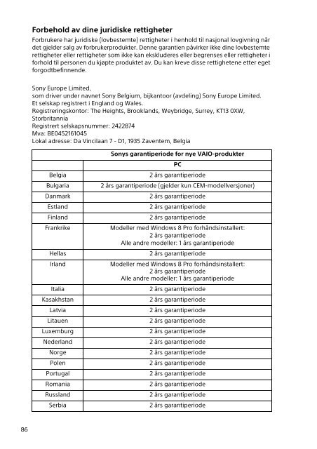 Sony SVS1512V1E - SVS1512V1E Documents de garantie Danois