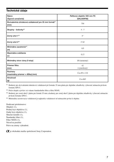 Sony SAL500F80 - SAL500F80 Consignes d&rsquo;utilisation Slovaque