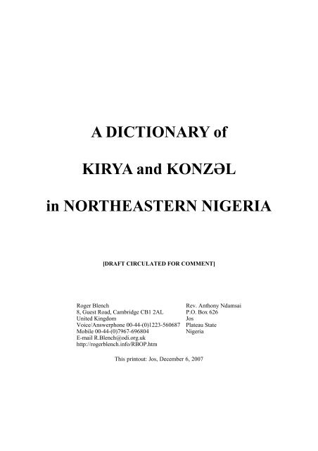 A DICTIONARY of KIRYA and KONZƏL in ... - Roger Blench