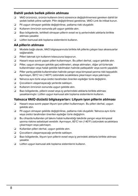 Sony VGN-CS31SR - VGN-CS31SR Documents de garantie Turc