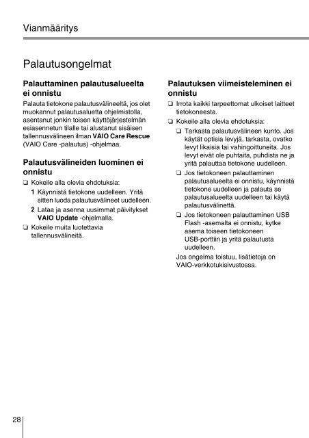 Sony VPCEH2D0E - VPCEH2D0E Guide de d&eacute;pannage Finlandais
