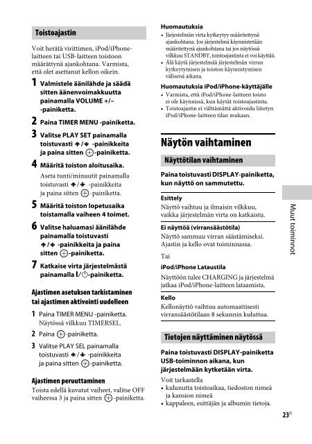 Sony FST-GTK17iP - FST-GTK17IP Mode d'emploi Finlandais