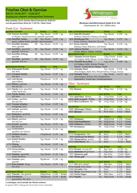 Wochenpreisliste Obst und Gemüse KW23 2017