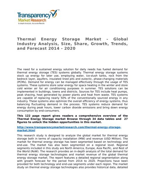 Thermal Energy Storage Market - Global Industry Analysis, Size, Share, Growth, Trends, and Forecast 2014 - 2020