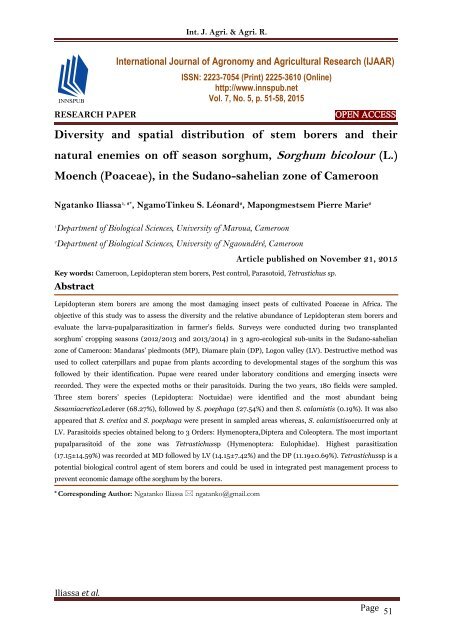 Diversity and spatial distribution of stem borers and their natural enemies on off season sorghum, Sorghum bicolour (L.) Moench (Poaceae), in the Sudano-sahelian zone of Cameroon