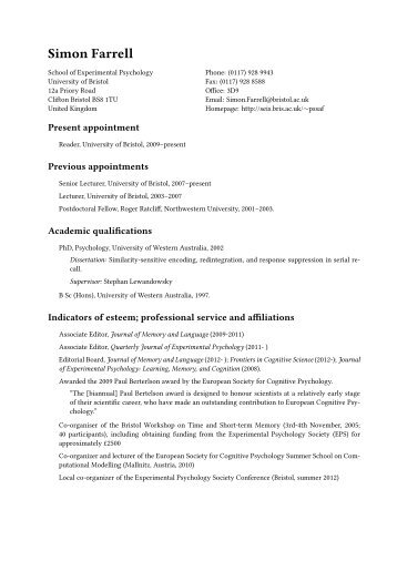 Simon Farrell: Curriculum Vitae - Eis.bris.ac.uk - University of Bristol