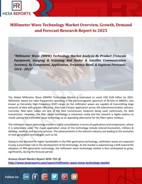 Millimeter Wave Technology Market Overview, Growth, Demand and Forecast Research Report to 2025 