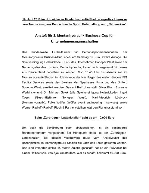 Anstoß für 2. Montanhydraulik Business-Cup für ...