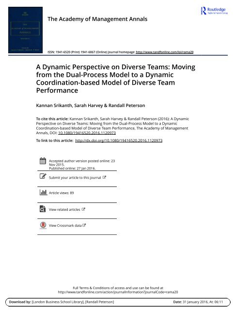 A Dynamic Perspective on Diverse Teams: Moving From The Dual Process Model to A Dynamic Coordination-Based Model of Diverse Team Performance - Kannan Srikanth, Sarah Harvey & Randall Peterson