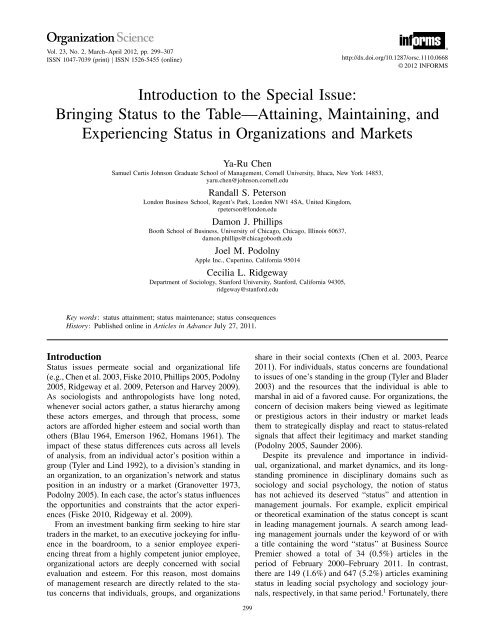 Introduction to the Special Issue: Bringing Status to the Table—Attaining, Maintaining, and Experiencing Status in Organizations and Markets