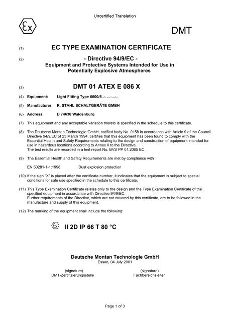 EC TYPE EXAMINATION CERTIFICATE DMT 01 ATEX E 086 X