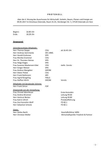 4. Sitzung des Ausschusses für Wirtschaft, Verkehr, Bauen, Planen und Energie vom 9. Mai 2017