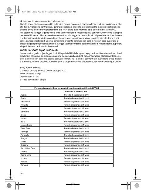 Sony VGN-TZ32VN - VGN-TZ32VN Documents de garantie Italien