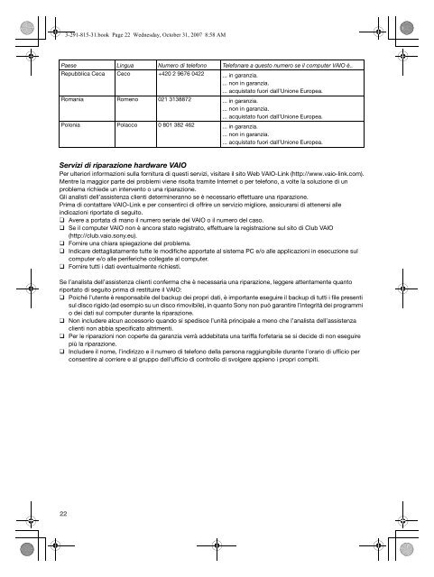 Sony VGN-TZ32VN - VGN-TZ32VN Documents de garantie Italien