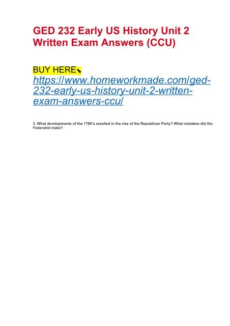 GED 232 Early US History Unit 2 Written Exam Answers (CCU)