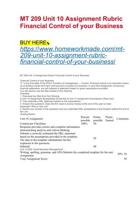 MT 209 Unit 10 Assignment Rubric Financial Control of your Business