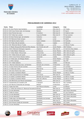 Calendario 2012 - Federación Cántabra de Ciclismo