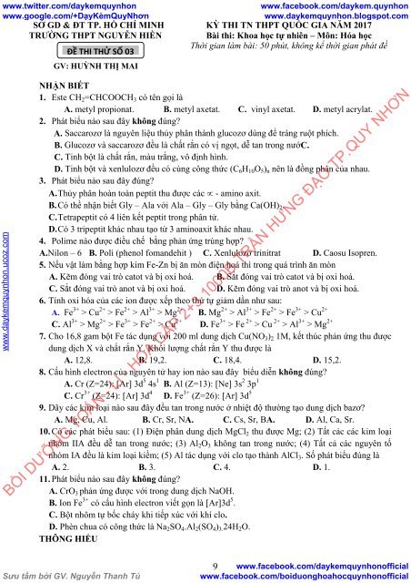 BỘ ĐỀ THI DỰA THEO MA TRẬN KỲ THI TN THPT QUỐC GIA NĂM 2017 MÔN KHOA HỌC TỰ NHIÊN - HOÁ HỌC CÁC TRƯỜNG THPT - SỞ GD &amp; ĐT TP. HỒ CHÍ MINH