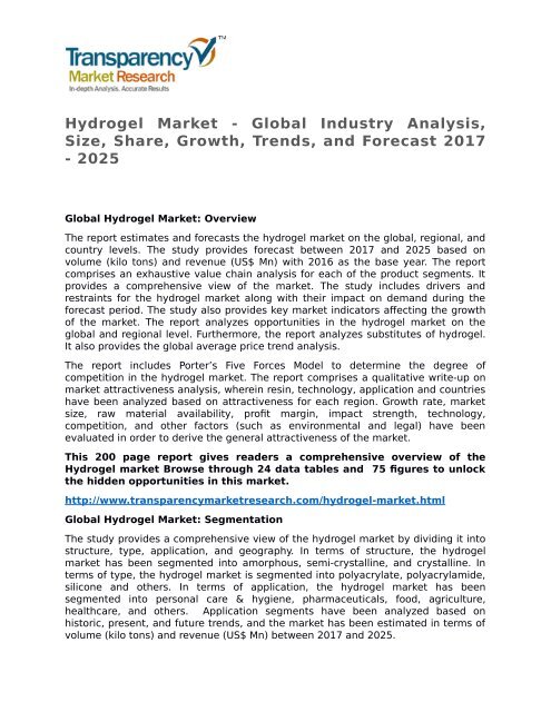 Hydrogel Market - Global Industry Analysis, Size, Share, Growth, Trends, and Forecast 2017 - 2025