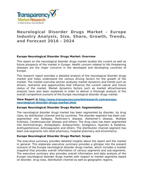 Neurological Disorder Drugs Market - Europe Industry Analysis, Size, Share, Growth, Trends, and Forecast 2016 - 2024