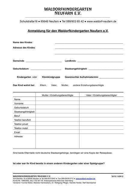 Anmeldeformular für den Kindergarten - Waldorfkindergarten