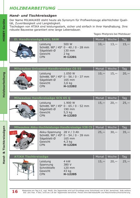 Preisliste Hobbyprogramm