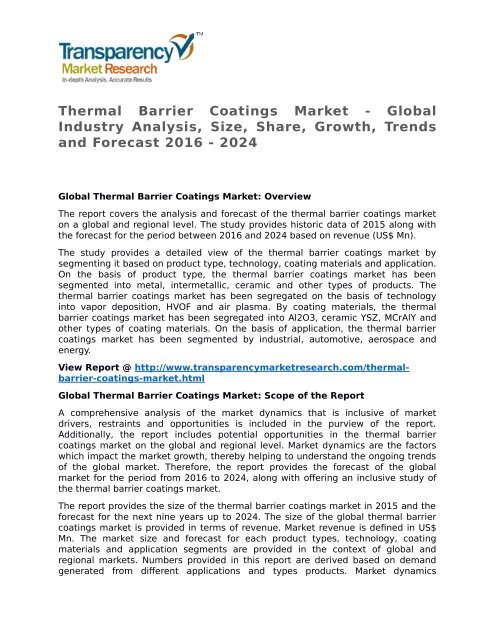 Thermal Barrier Coatings Market - Global Industry Analysis, Size, Share, Growth, Trends and Forecast 2016 - 2024