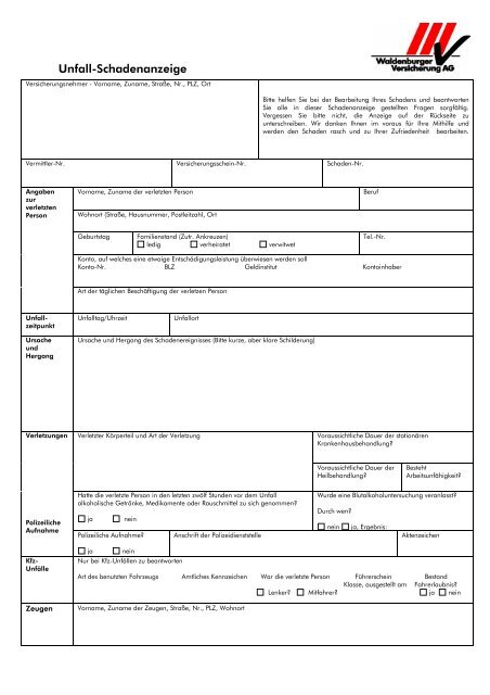 Unfall-Schadenanzeige - bei der Waldenburger Versicherung AG