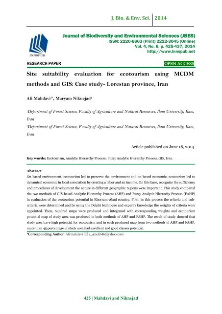 Site suitability evaluation for ecotourism using MCDM methods and GIS: Case study- Lorestan province, Iran