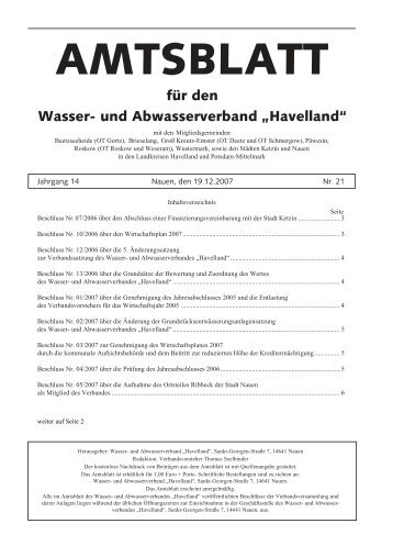 WAH Amtsblatt Nr. 21 - Wasser- und Abwasserverband Havelland