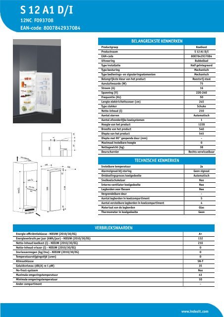 KitchenAid S 12 A1 D/I - S 12 A1 D/I NL (F093708) Informations produit