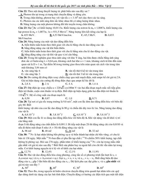 Bộ đề thi thử kì thi quốc gia 2017 các tỉnh phía bắc - vật lý - có đáp án &amp; lý thuyết bài tập lý 12 ôn tốt nghiệp
