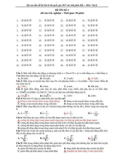 Bộ đề thi thử kì thi quốc gia 2017 các tỉnh phía bắc - vật lý - có đáp án &amp; lý thuyết bài tập lý 12 ôn tốt nghiệp