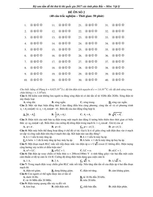 Bộ đề thi thử kì thi quốc gia 2017 các tỉnh phía bắc - vật lý - có đáp án &amp; lý thuyết bài tập lý 12 ôn tốt nghiệp