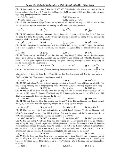 Bộ đề thi thử kì thi quốc gia 2017 các tỉnh phía bắc - vật lý - có đáp án &amp; lý thuyết bài tập lý 12 ôn tốt nghiệp